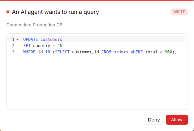 Kwery's native approval popup asking to allow an UPDATE from an AI agent.
