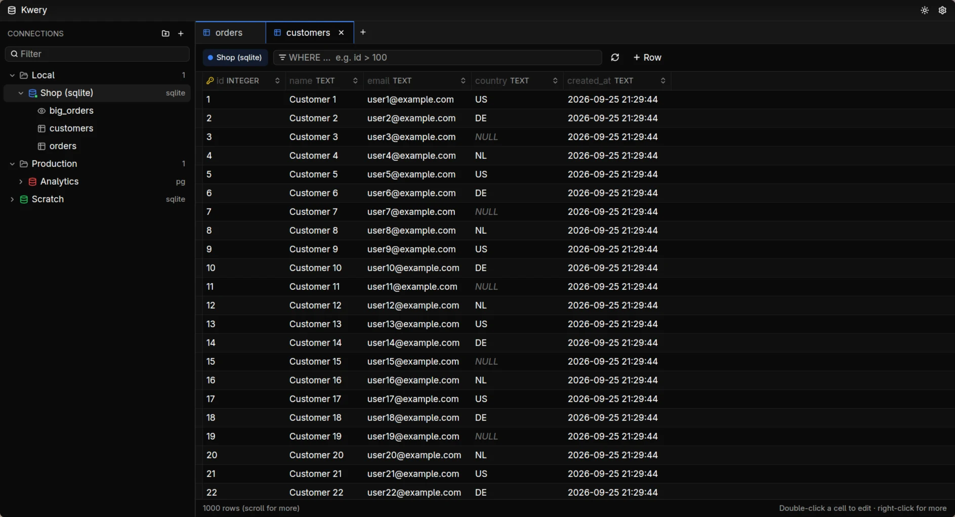 Kwery showing the customers table with folders, colored connections, paging and NULL values.