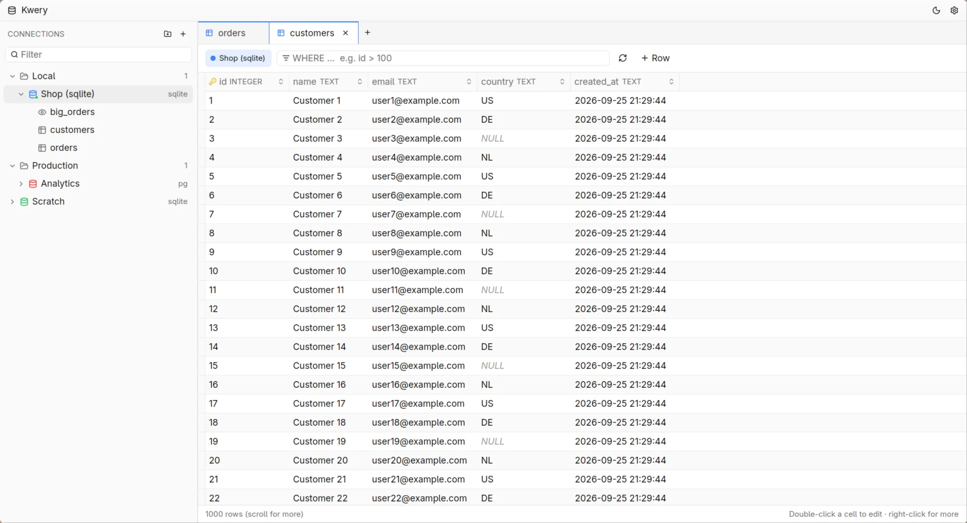 Kwery showing the customers table with folders, colored connections, paging and NULL values.